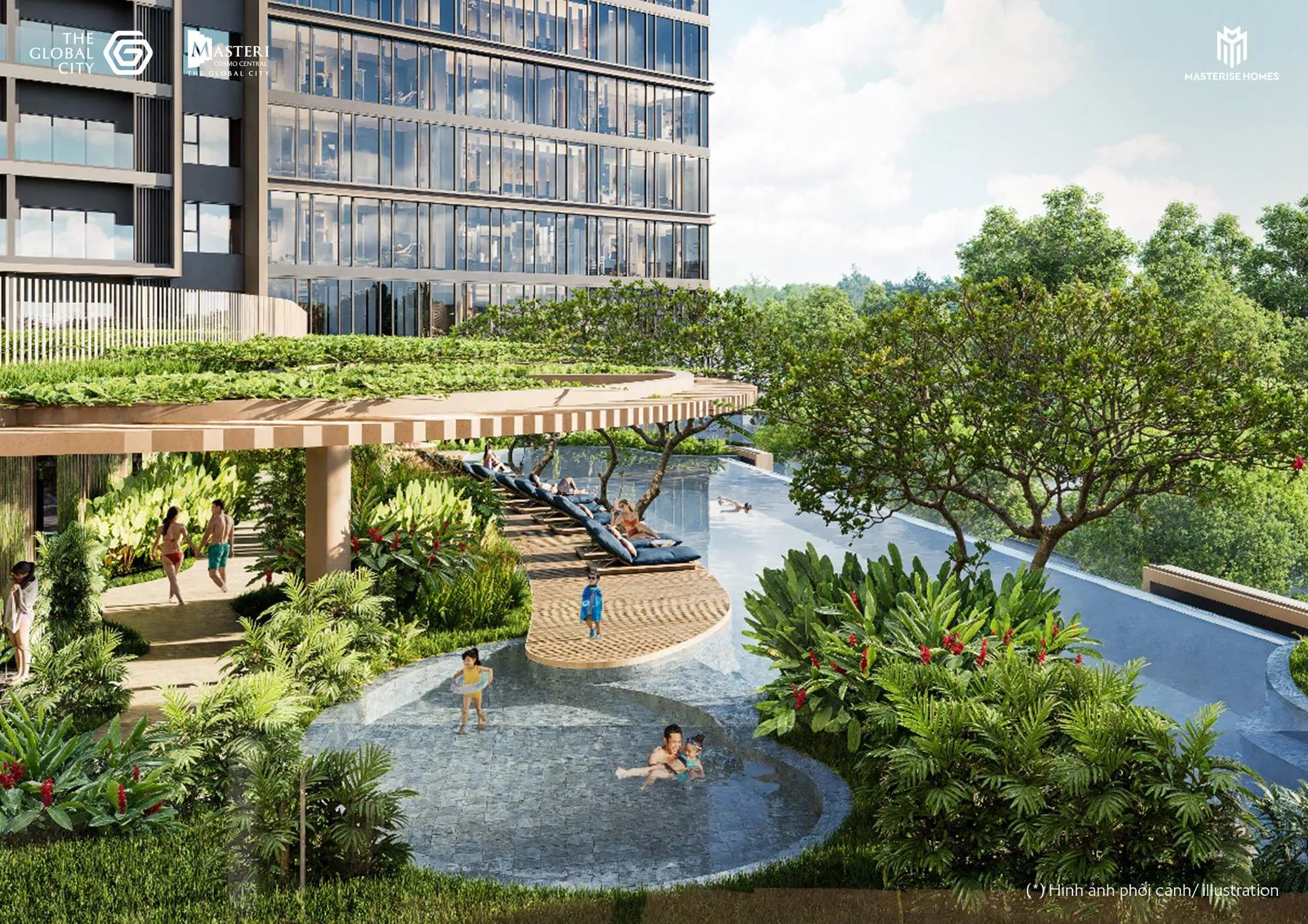 Hồ bơi gia đình giữa cây xanh tại Masteri Cosmo Central