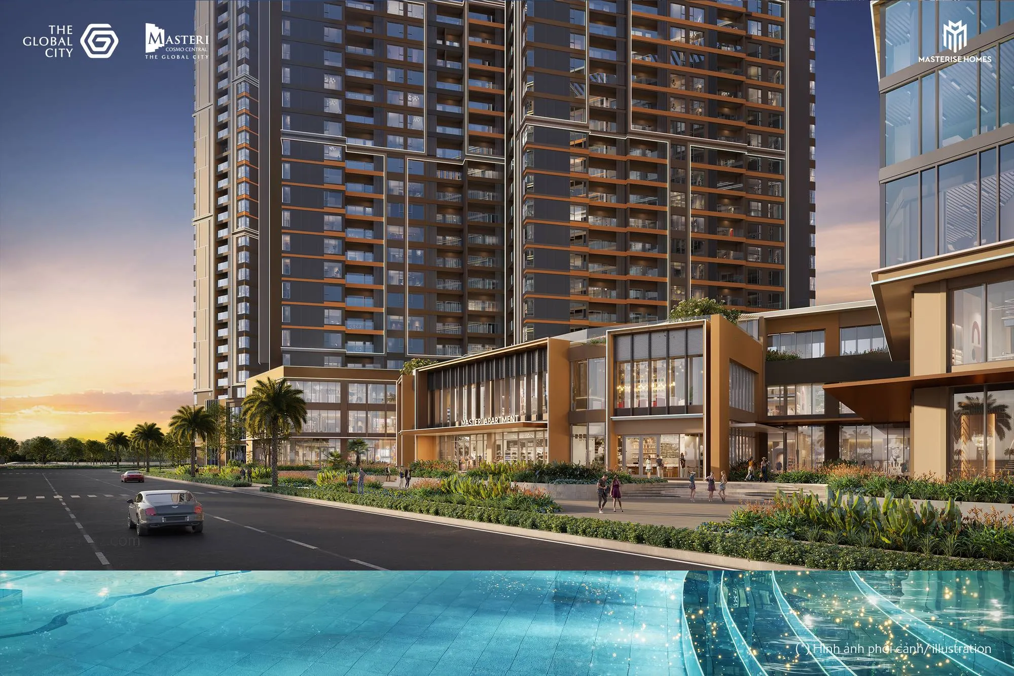 Khối đế thương mại của Masteri Cosmo Central lúc chiều tối