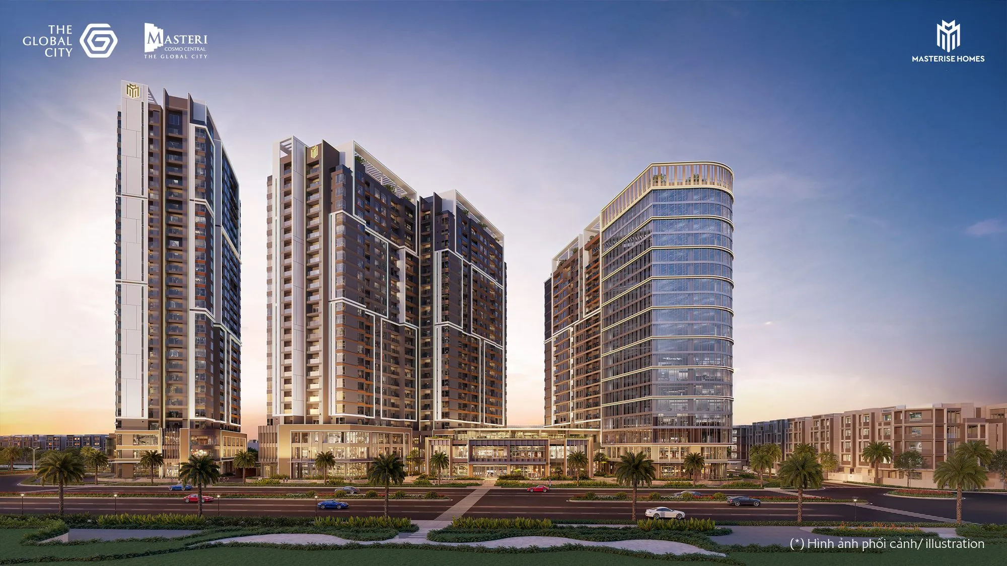 Phối cảnh Masteri Cosmo Central lúc hoàng hôn bên kênh đào nhạc nước The Global City