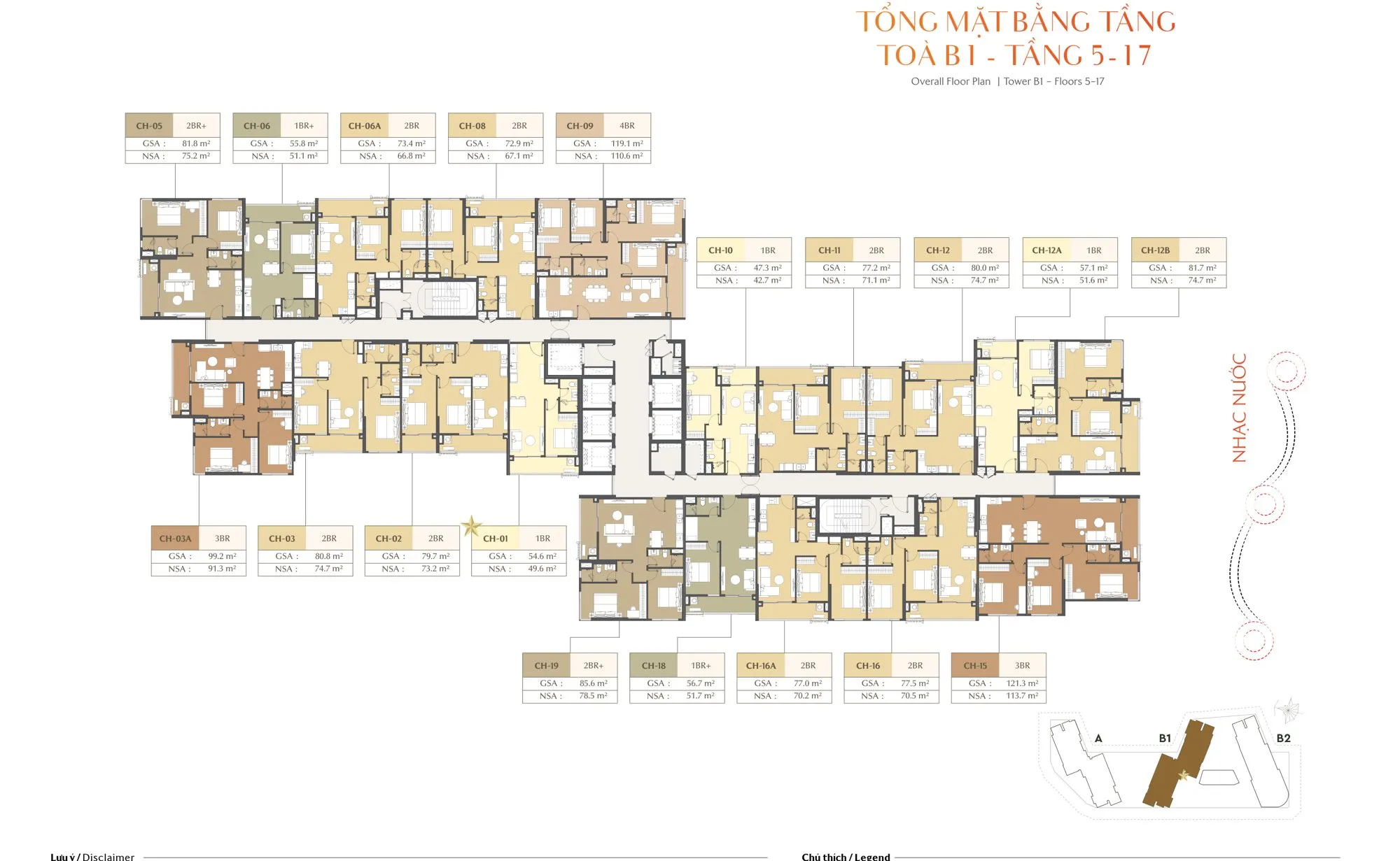 Mặt bằng tầng điển hình tòa B1 tầng 5–17 Masteri Cosmo Central