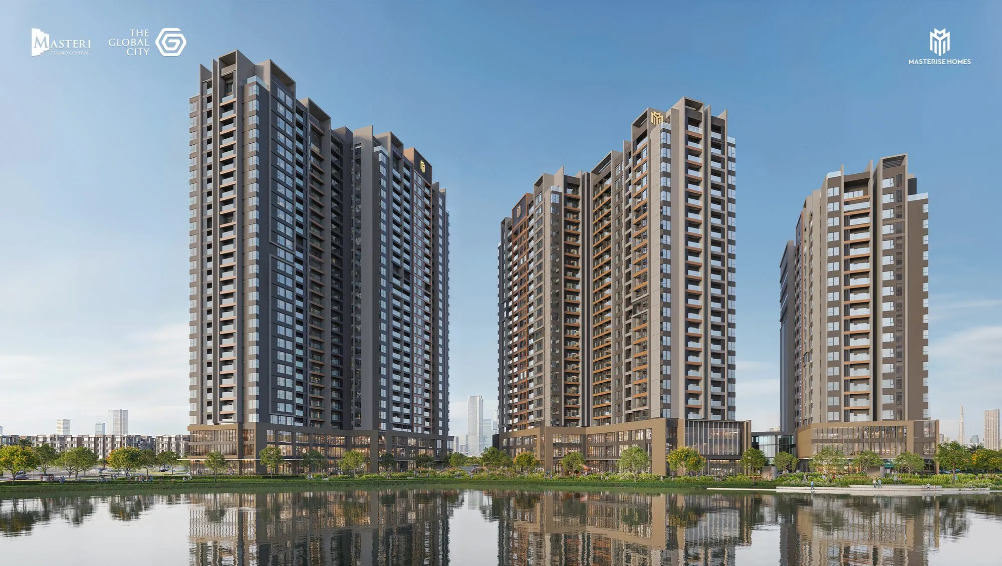 Ba tòa phân khu NEXUS CT3 Masteri Cosmo Central soi bóng trên mặt hồ