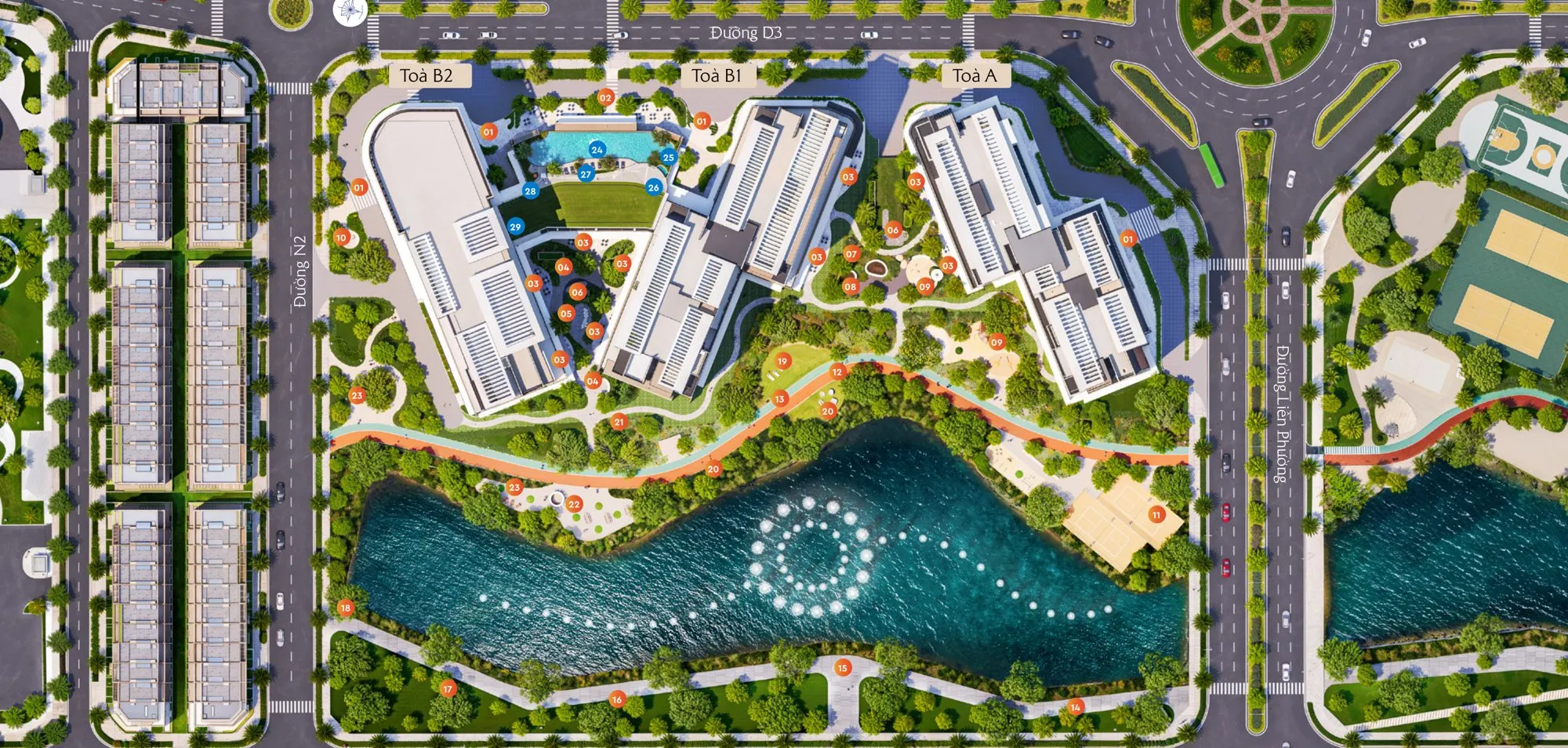 Mặt bằng tổng thể CT4 Masteri Cosmo Central với ba tòa A, B1, B2 và kênh đào nhạc nước