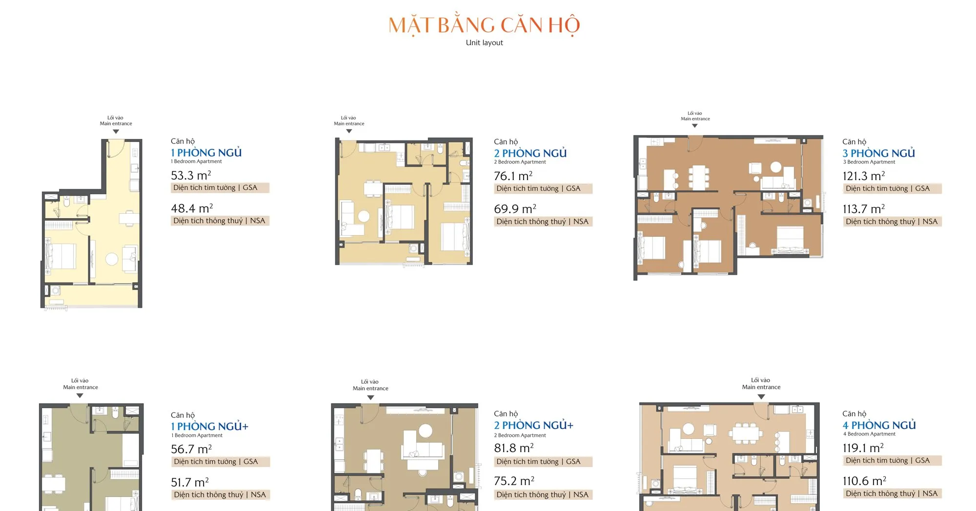 Mặt bằng 6 căn hộ điển hình tòa B1 – B2: 1PN, 1PN+, 2PN, 2PN+, 3PN, 4PN